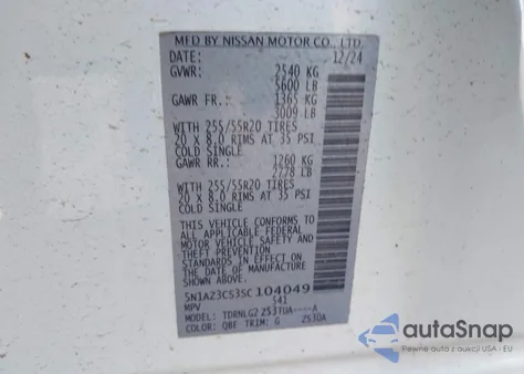 2025 Nissan Murano Sl z USA, uszkodzony, nr VIN 5N1AZ3CS3SC104049